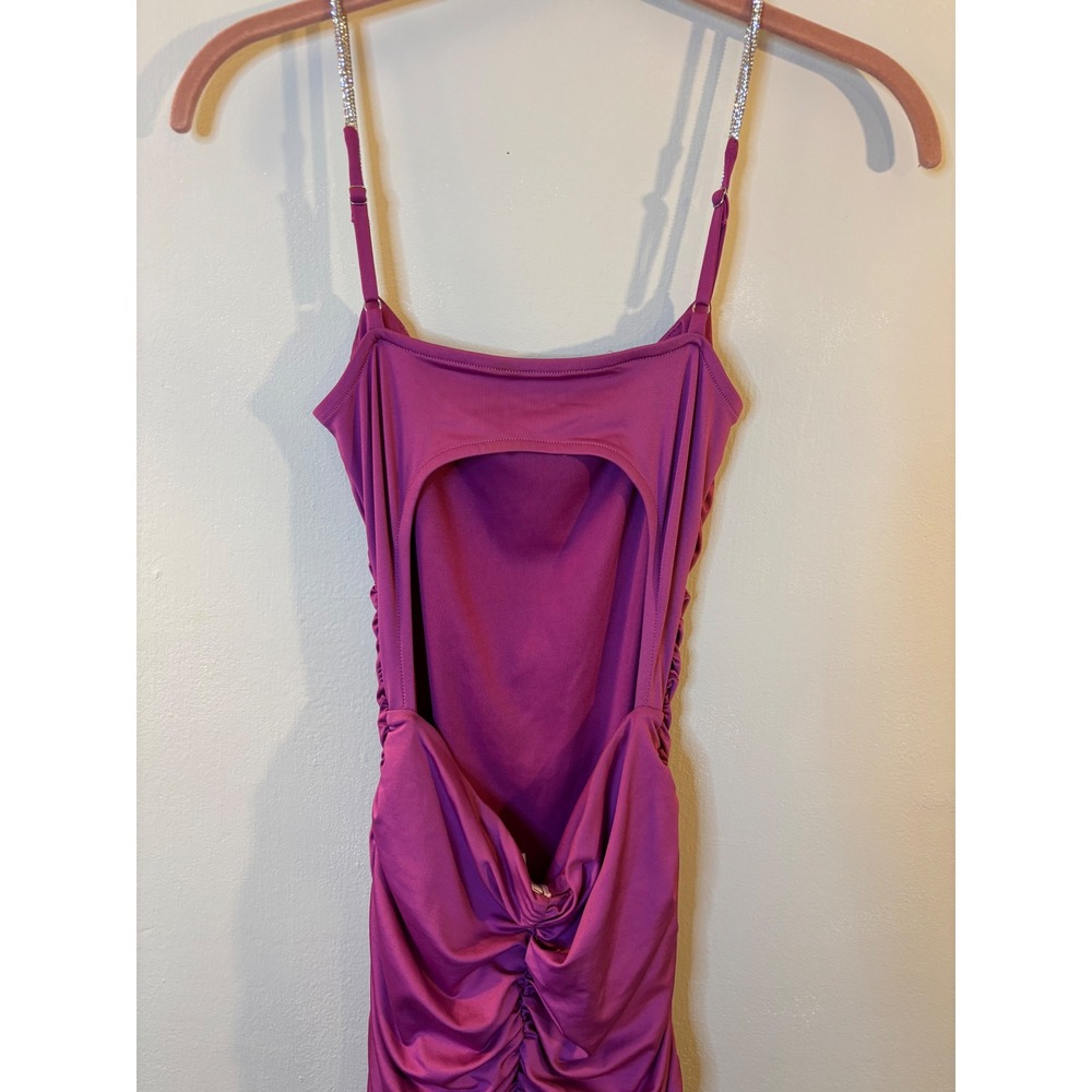 Lucy In The Sky Pink Ruched Rhinestone Strap Mini Dress M Keyhole Back - Picture 5 of 8